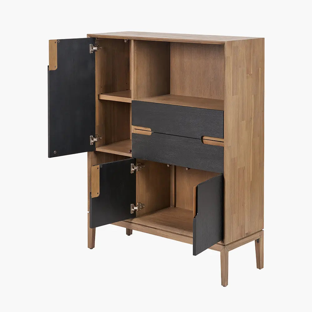 Gio Black and Natural Acacia Wood 3 Door, 2 Drawer, 2 Niche Shelf Unit  Nicholas John Interiors