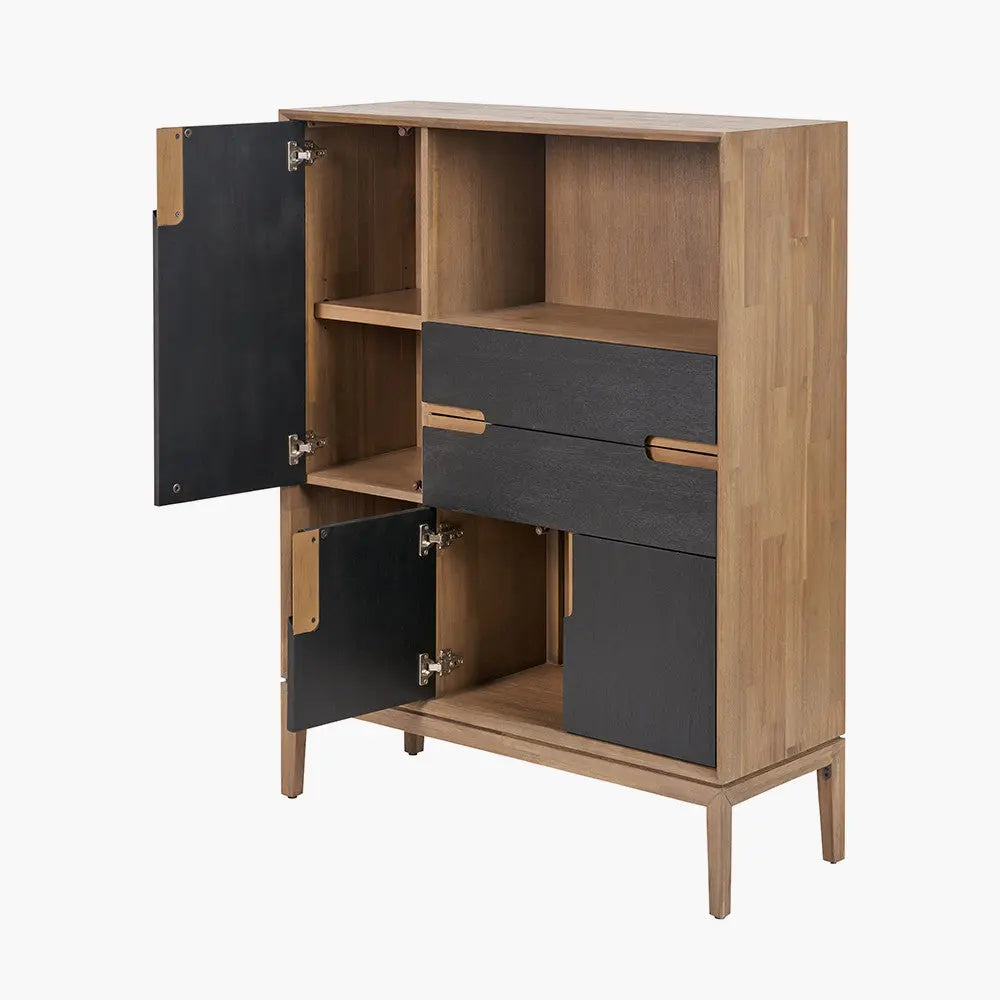 Gio Black and Natural Acacia Wood 3 Door, 2 Drawer, 2 Niche Shelf Unit  Nicholas John Interiors