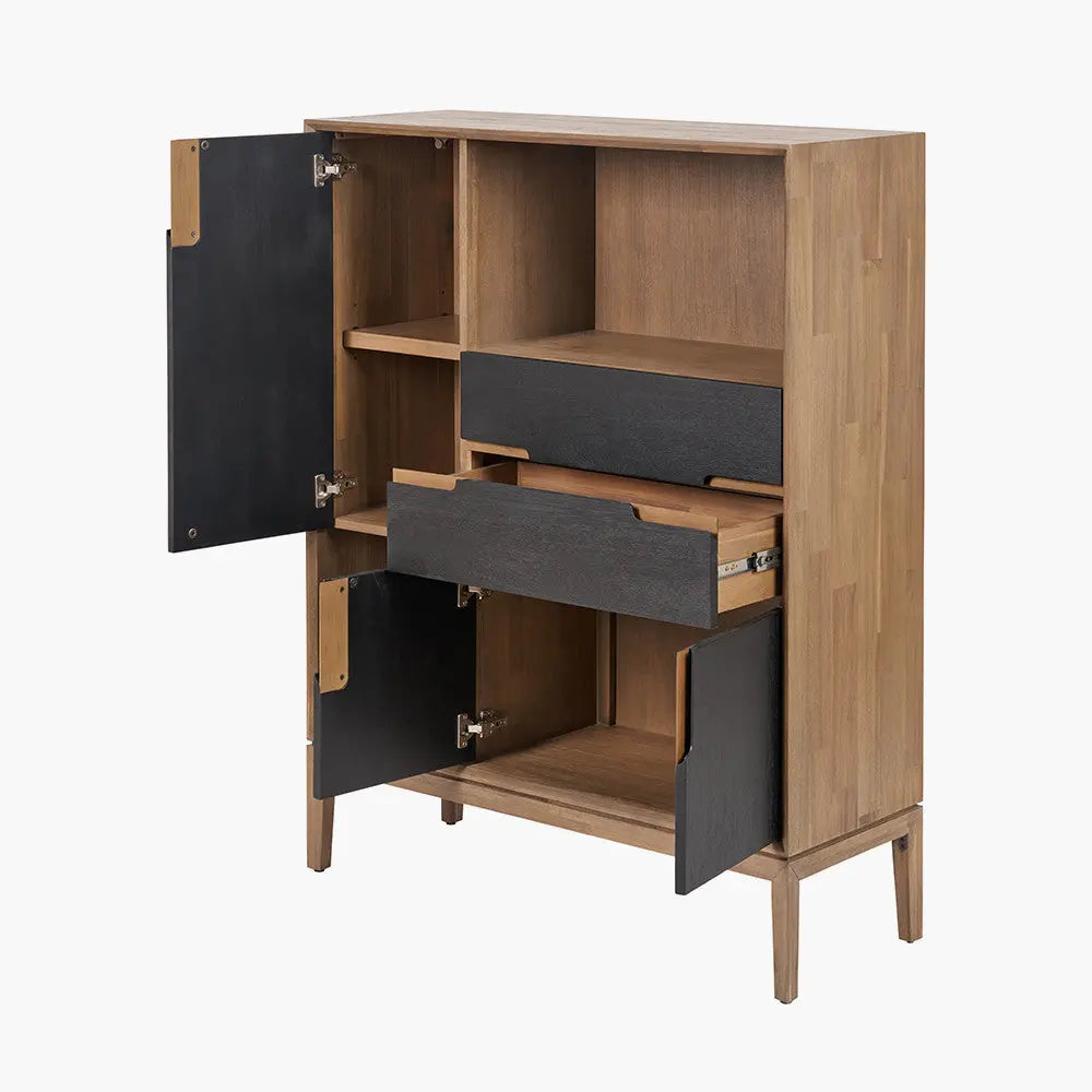 Gio Black and Natural Acacia Wood 3 Door, 2 Drawer, 2 Niche Shelf Unit  Nicholas John Interiors