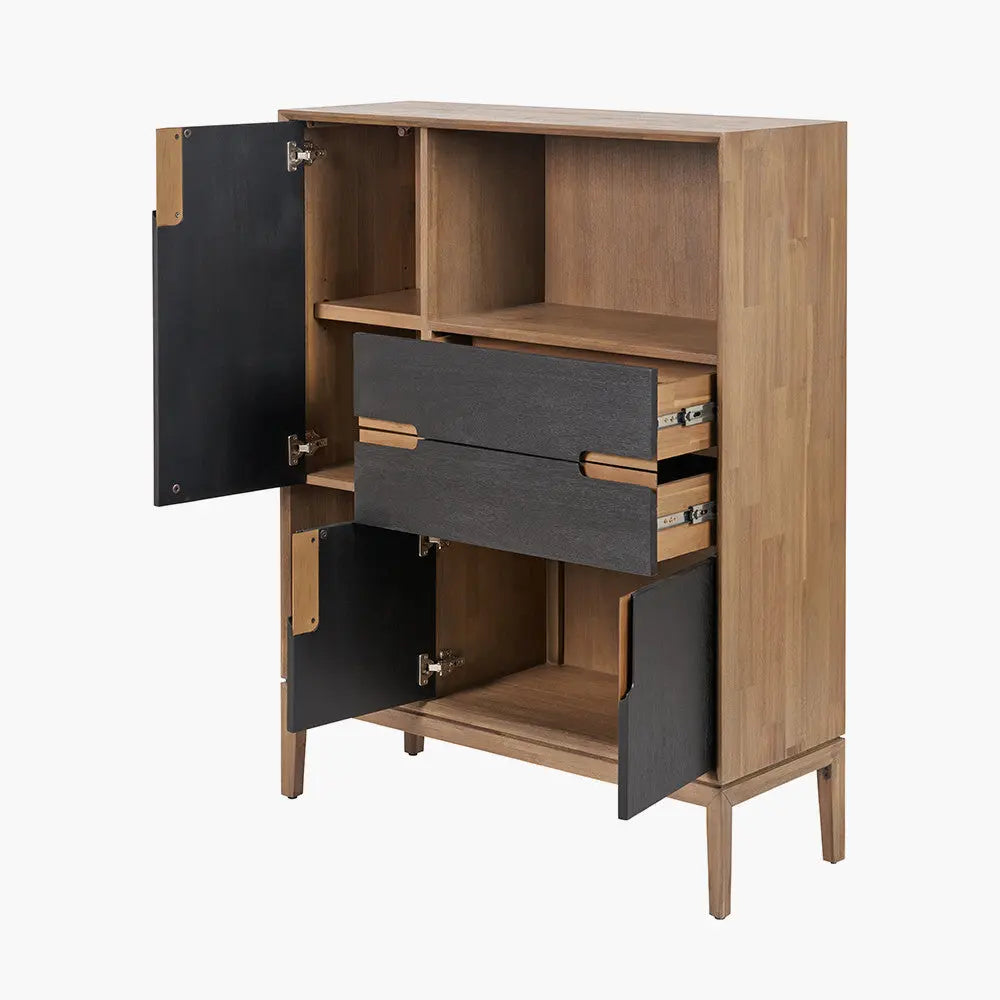 Gio Black and Natural Acacia Wood 3 Door, 2 Drawer, 2 Niche Shelf Unit  Nicholas John Interiors