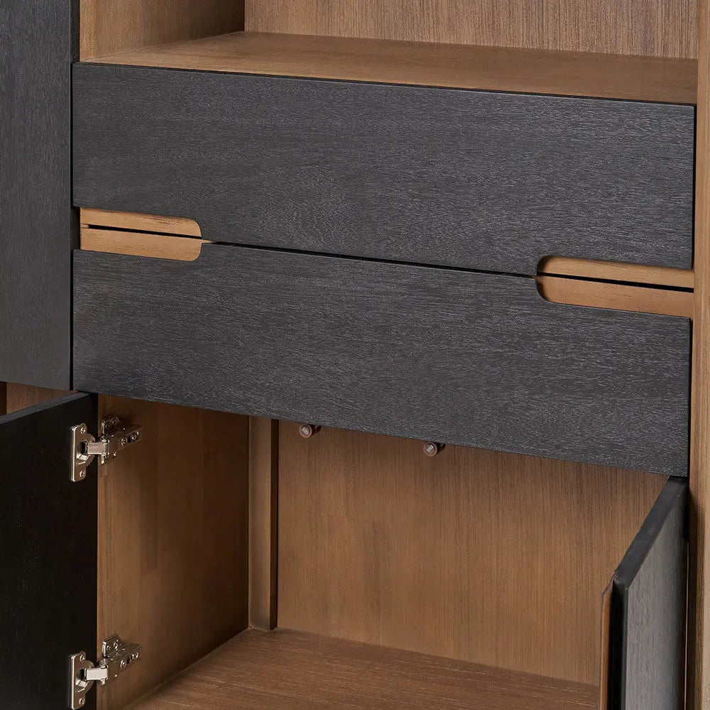 Gio Black and Natural Acacia Wood 3 Door, 2 Drawer, 2 Niche Shelf Unit  Nicholas John Interiors