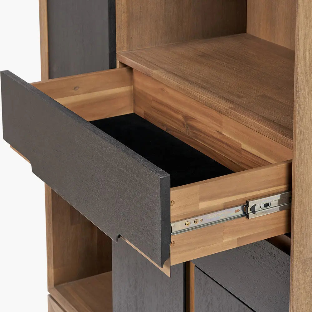 Gio Black and Natural Acacia Wood 3 Door, 2 Drawer, 2 Niche Shelf Unit  Nicholas John Interiors