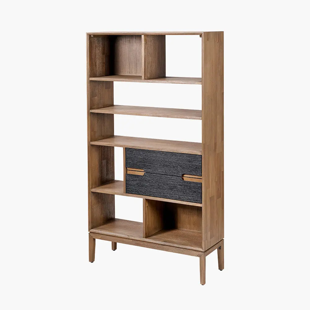 Gio Black and Natural Acacia Wood 2 Drawer, 7 Niche Shelf Unit  Nicholas John Interiors
