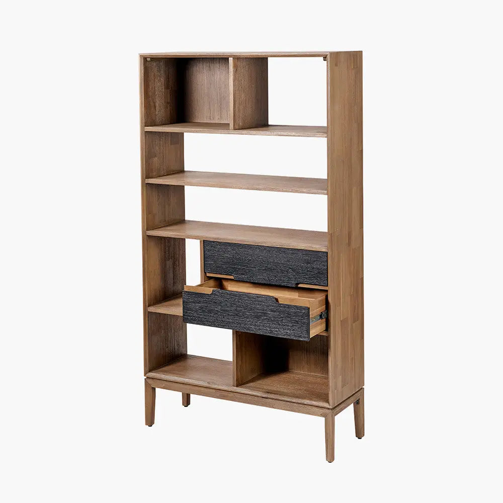 Gio Black and Natural Acacia Wood 2 Drawer, 7 Niche Shelf Unit  Nicholas John Interiors