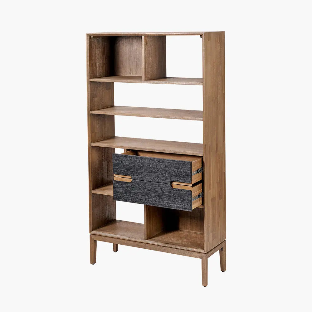 Gio Black and Natural Acacia Wood 2 Drawer, 7 Niche Shelf Unit  Nicholas John Interiors