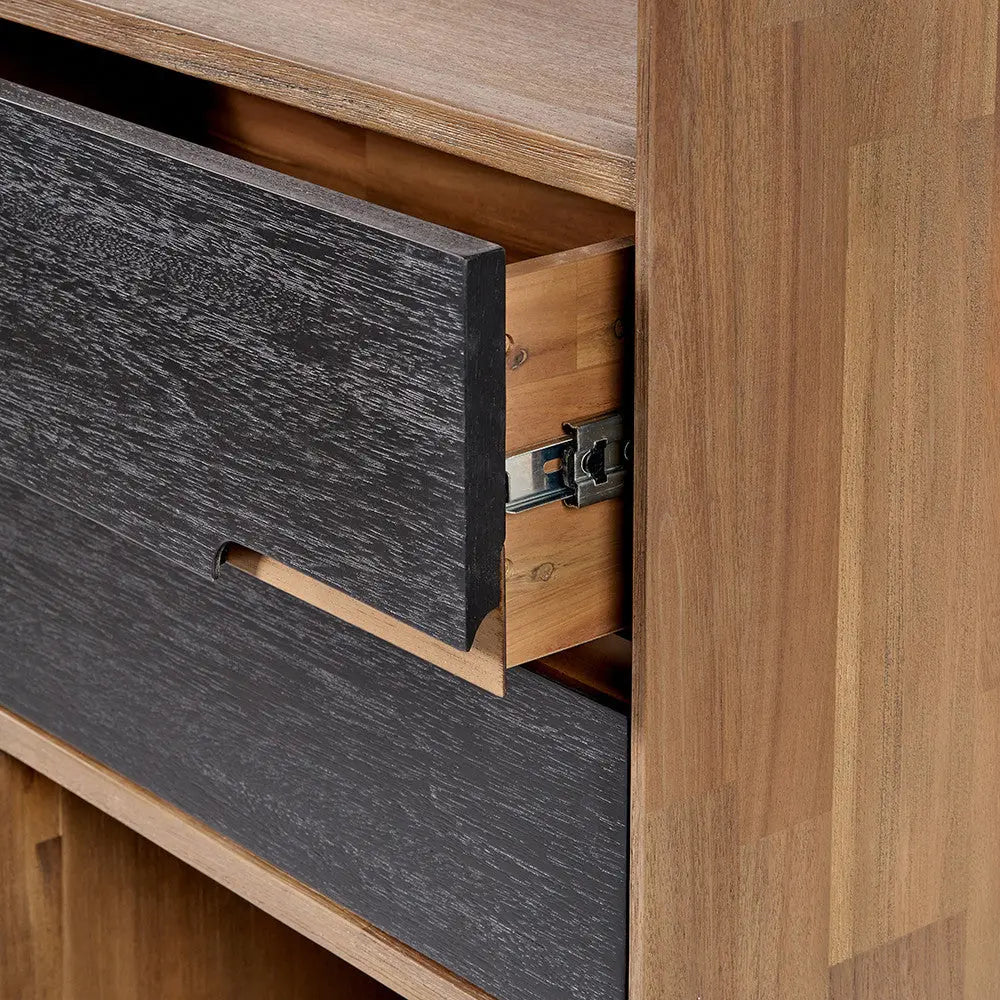 Gio Black and Natural Acacia Wood 2 Drawer, 7 Niche Shelf Unit  Nicholas John Interiors