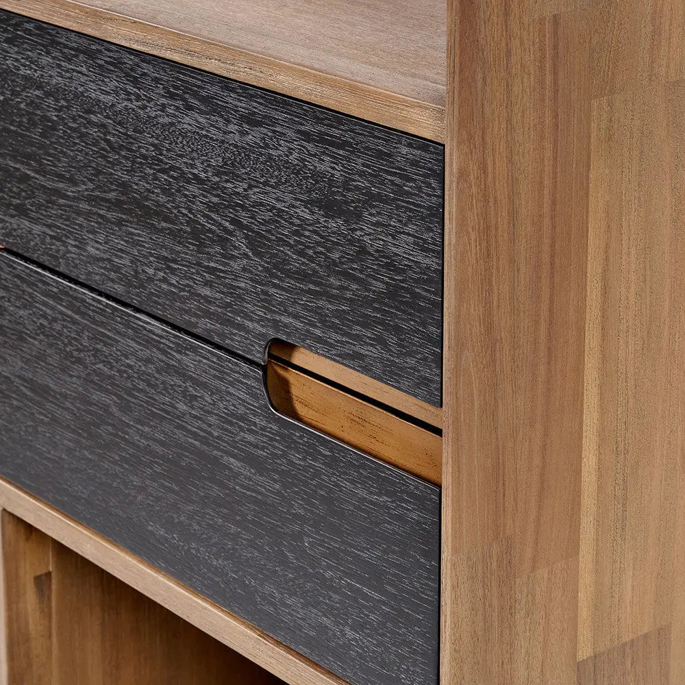 Gio Black and Natural Acacia Wood 2 Drawer, 7 Niche Shelf Unit  Nicholas John Interiors