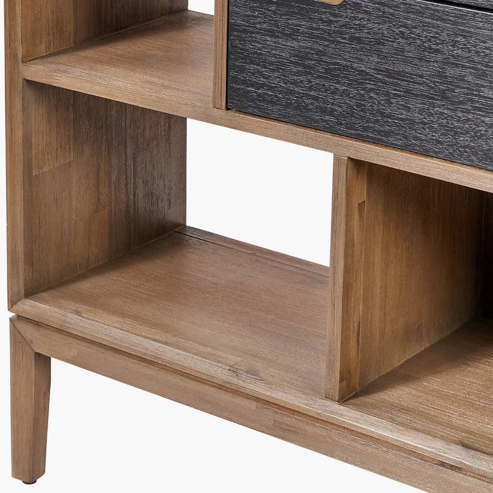 Gio Black and Natural Acacia Wood 2 Drawer, 7 Niche Shelf Unit  Nicholas John Interiors