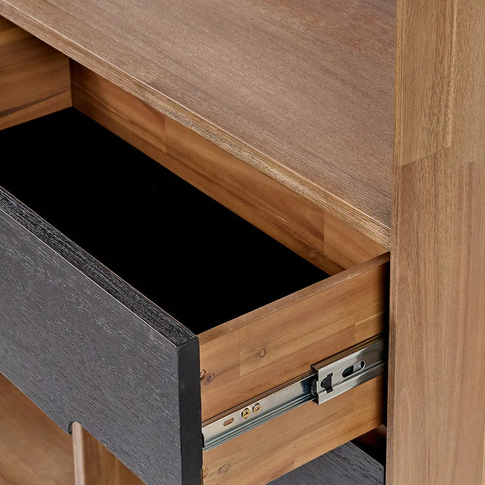 Gio Black and Natural Acacia Wood 2 Drawer, 7 Niche Shelf Unit  Nicholas John Interiors