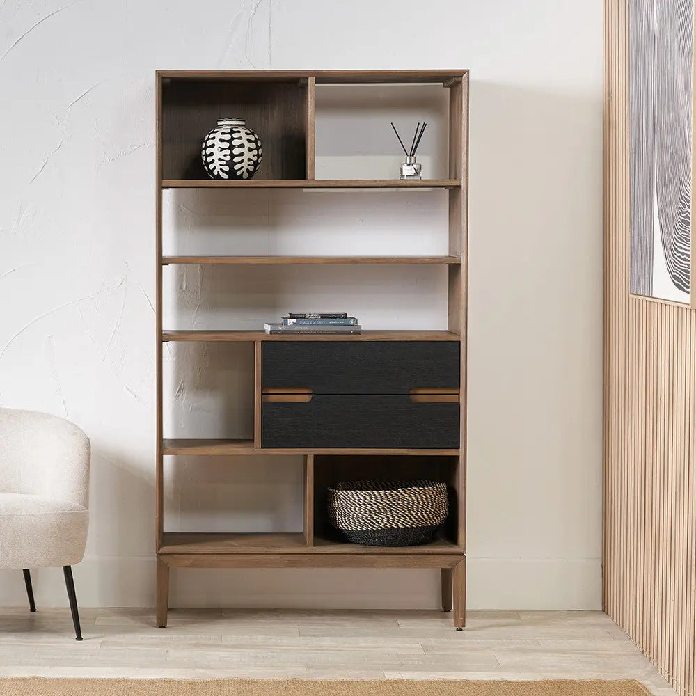 Gio Black and Natural Acacia Wood 2 Drawer, 7 Niche Shelf Unit  Nicholas John Interiors