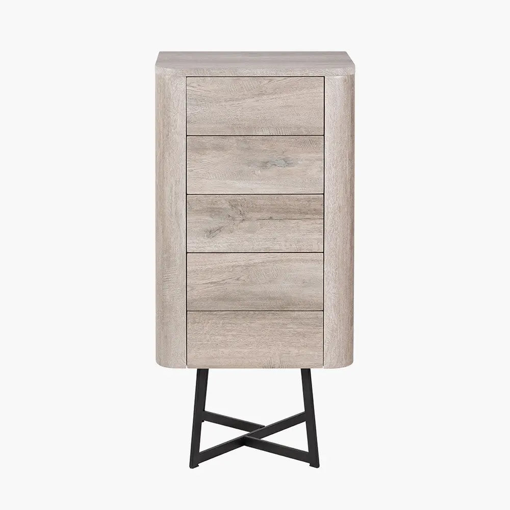 Ukiah Grey Oak Veneer and Black Metal 5 Drawer Tall Unit  Nicholas John Interiors