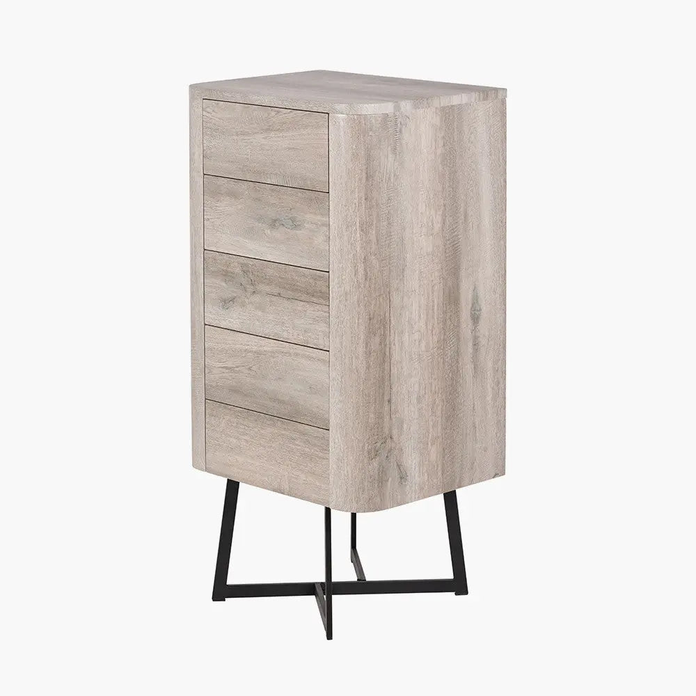 Ukiah Grey Oak Veneer and Black Metal 5 Drawer Tall Unit  Nicholas John Interiors
