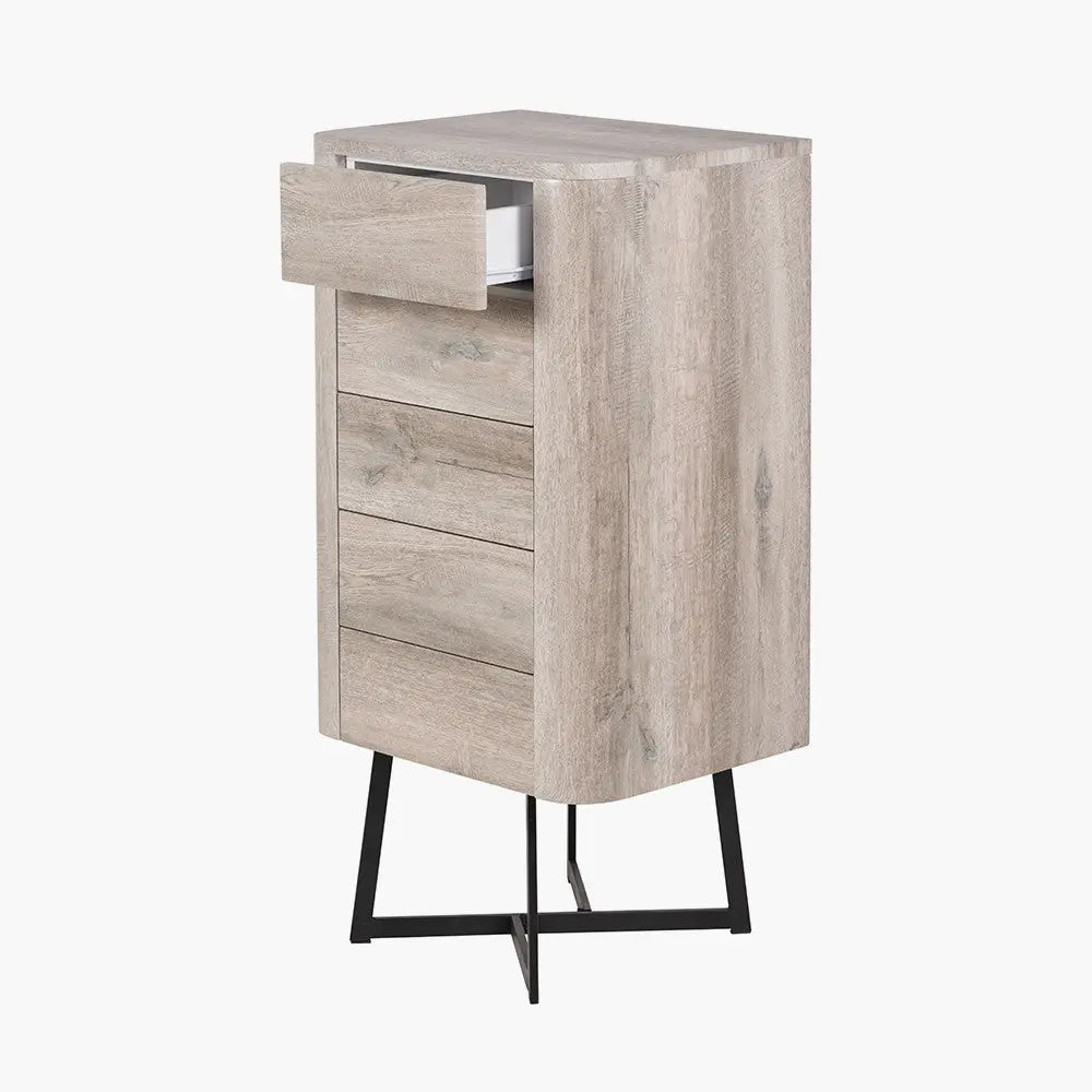 Ukiah Grey Oak Veneer and Black Metal 5 Drawer Tall Unit  Nicholas John Interiors