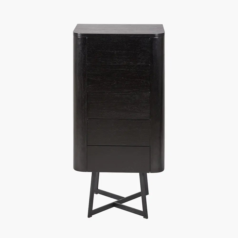 Ukiah Black Ash Veneer and Black Metal 5 Drawer Tall Unit  Nicholas John Interiors