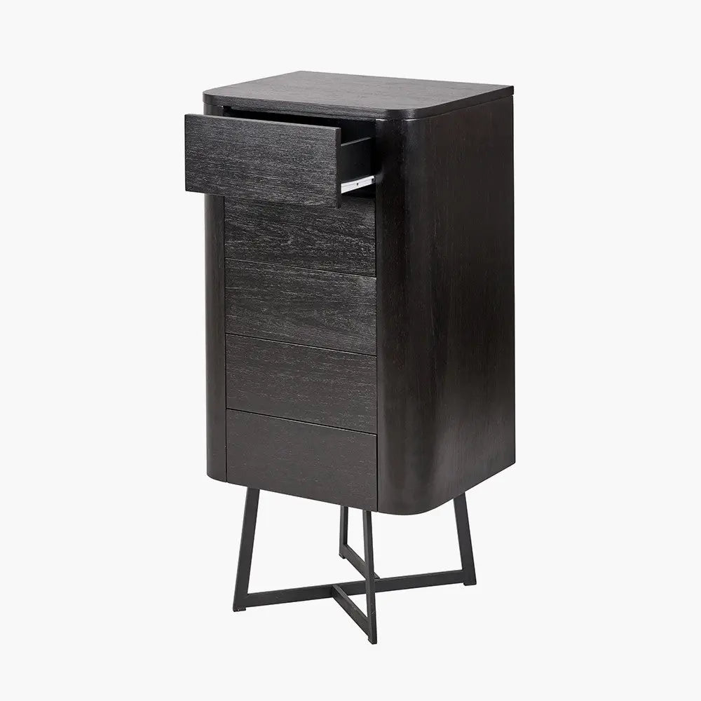 Ukiah Black Ash Veneer and Black Metal 5 Drawer Tall Unit  Nicholas John Interiors