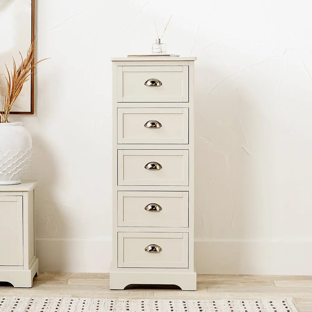 Croft Linen Pine Wood 5 Drawer Tall Unit  Nicholas John Interiors