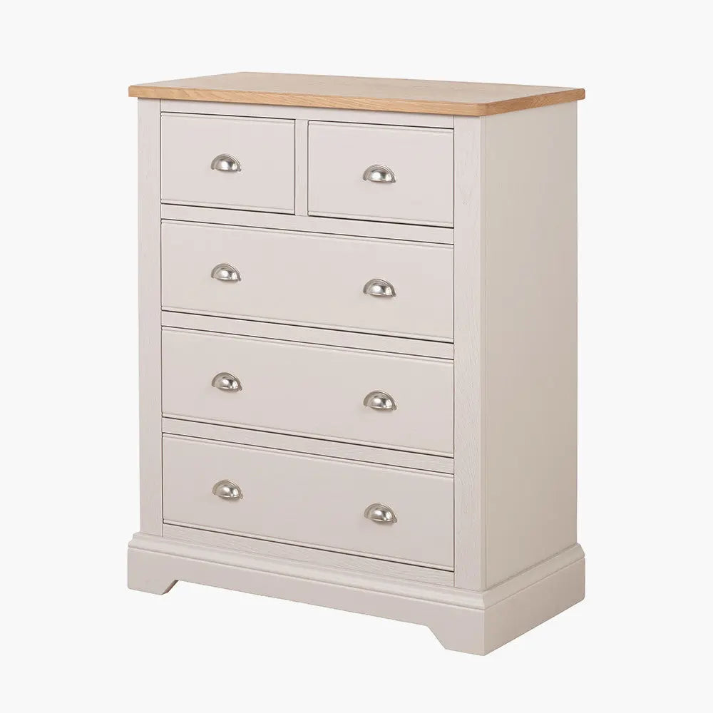 Fairford Parchment White Pine and Oak Wood 5 Drawer Unit  Nicholas John Interiors