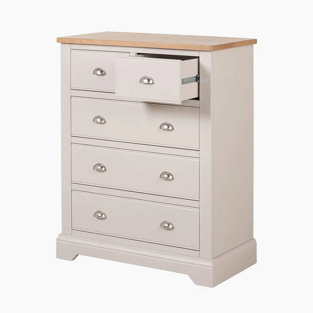 Fairford Parchment White Pine and Oak Wood 5 Drawer Unit  Nicholas John Interiors