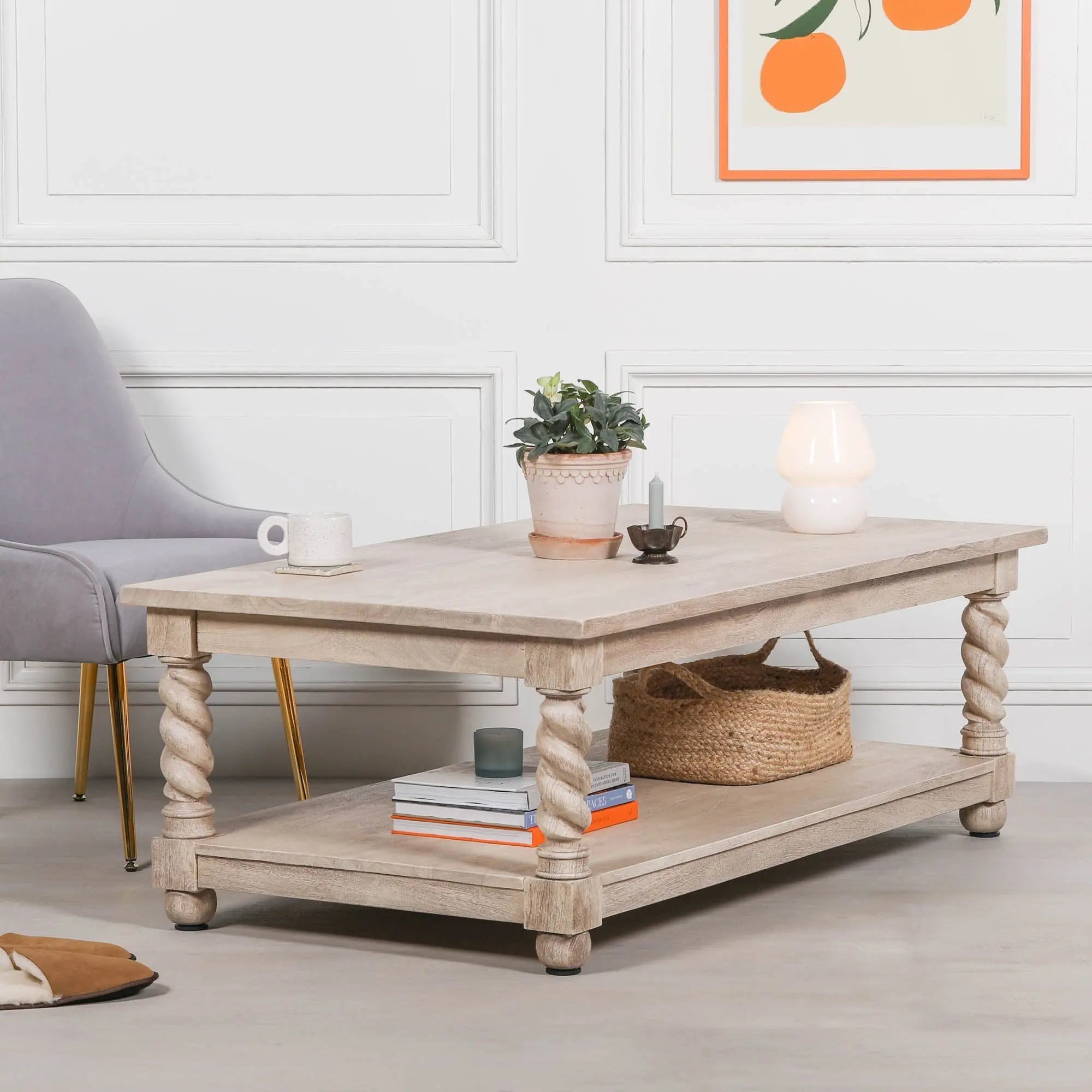 Acacia Twist Column Coffee Table with Carved Wooden Legs   Nicholas John Interiors