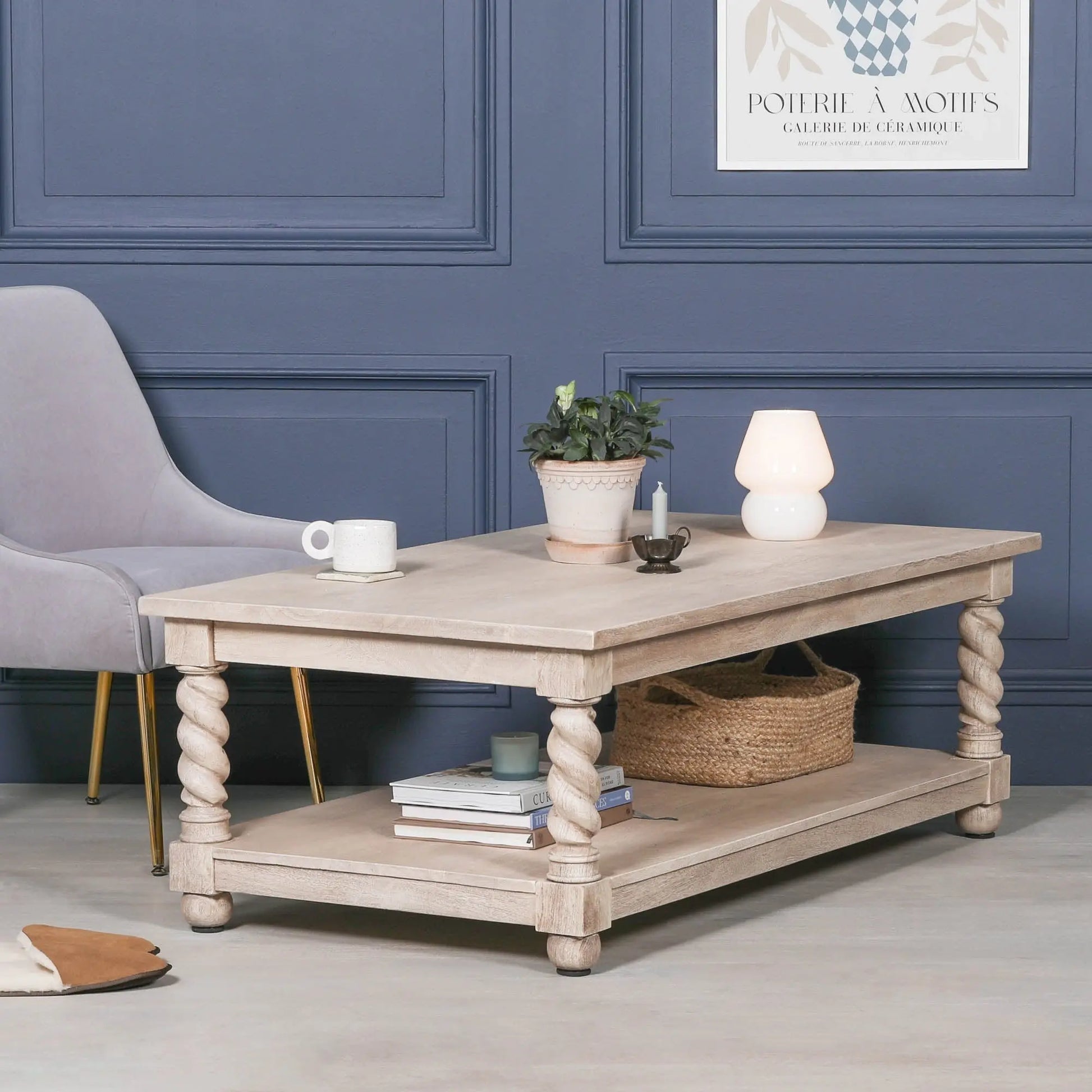 Acacia Twist Column Coffee Table with Carved Wooden Legs   Nicholas John Interiors