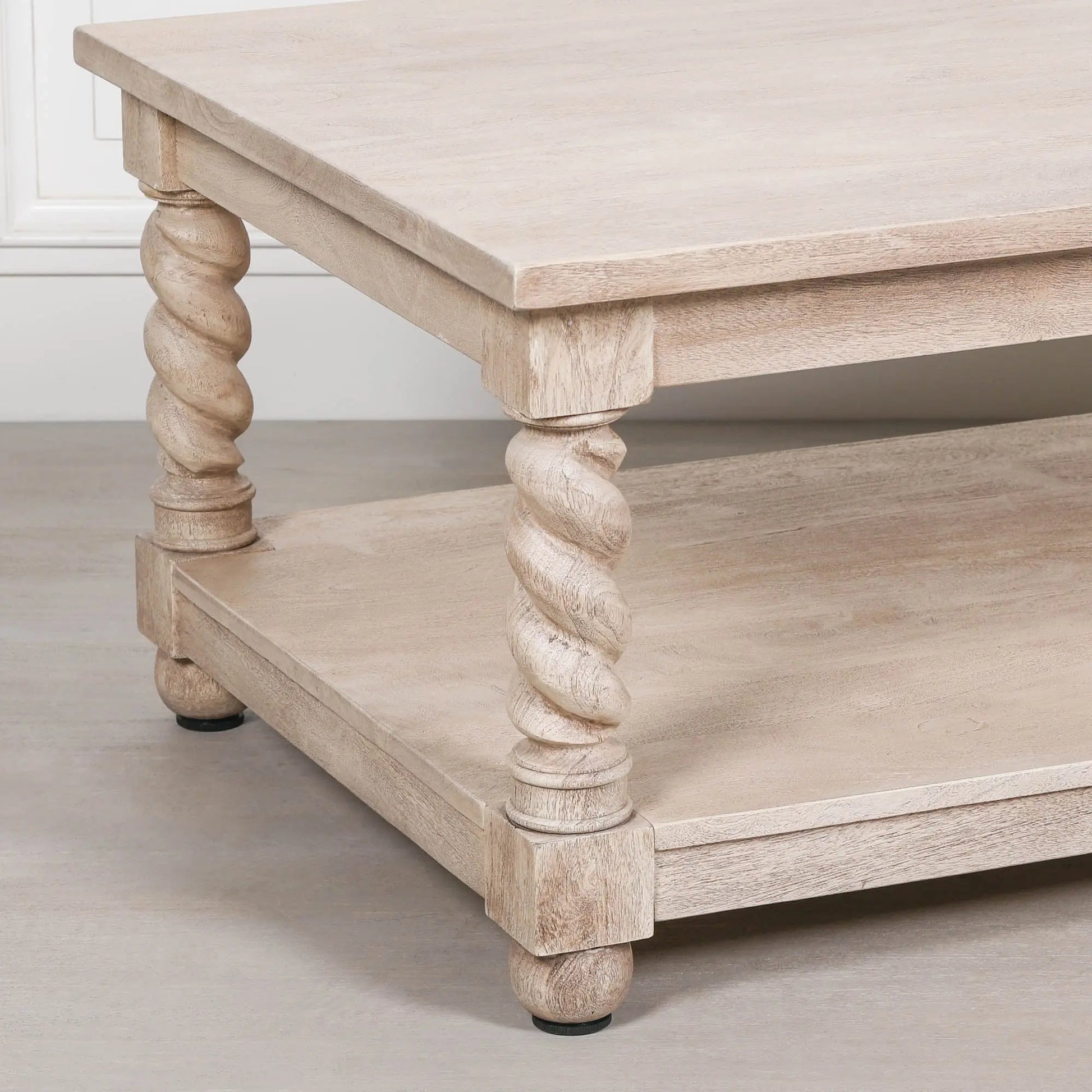 Acacia Twist Column Coffee Table with Carved Wooden Legs   Nicholas John Interiors