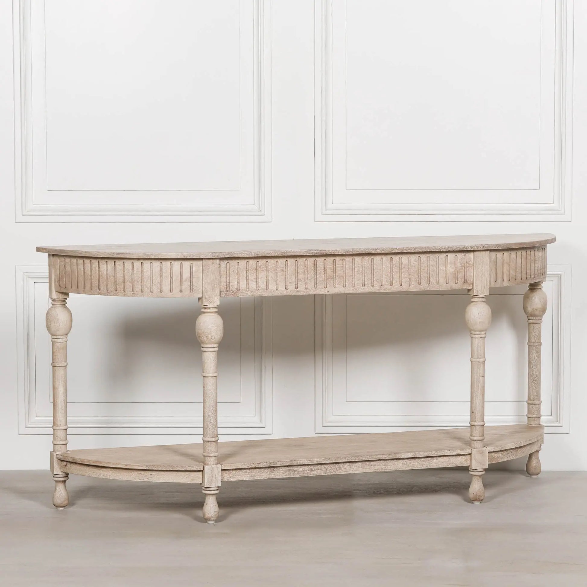 Acacia Wooden Curved Console Table with Lower Shelf   Nicholas John Interiors