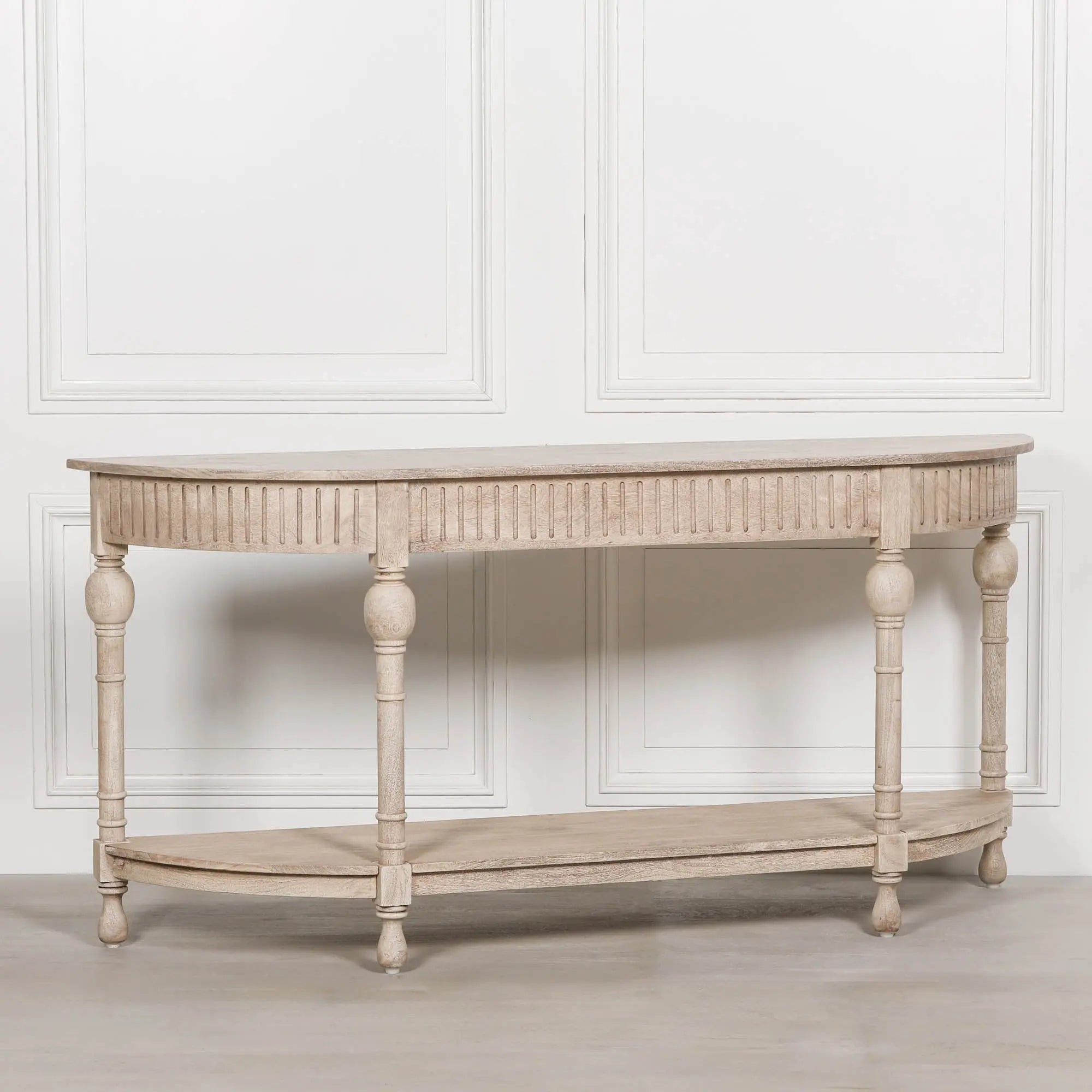 Acacia Wooden Curved Console Table with Lower Shelf   Nicholas John Interiors