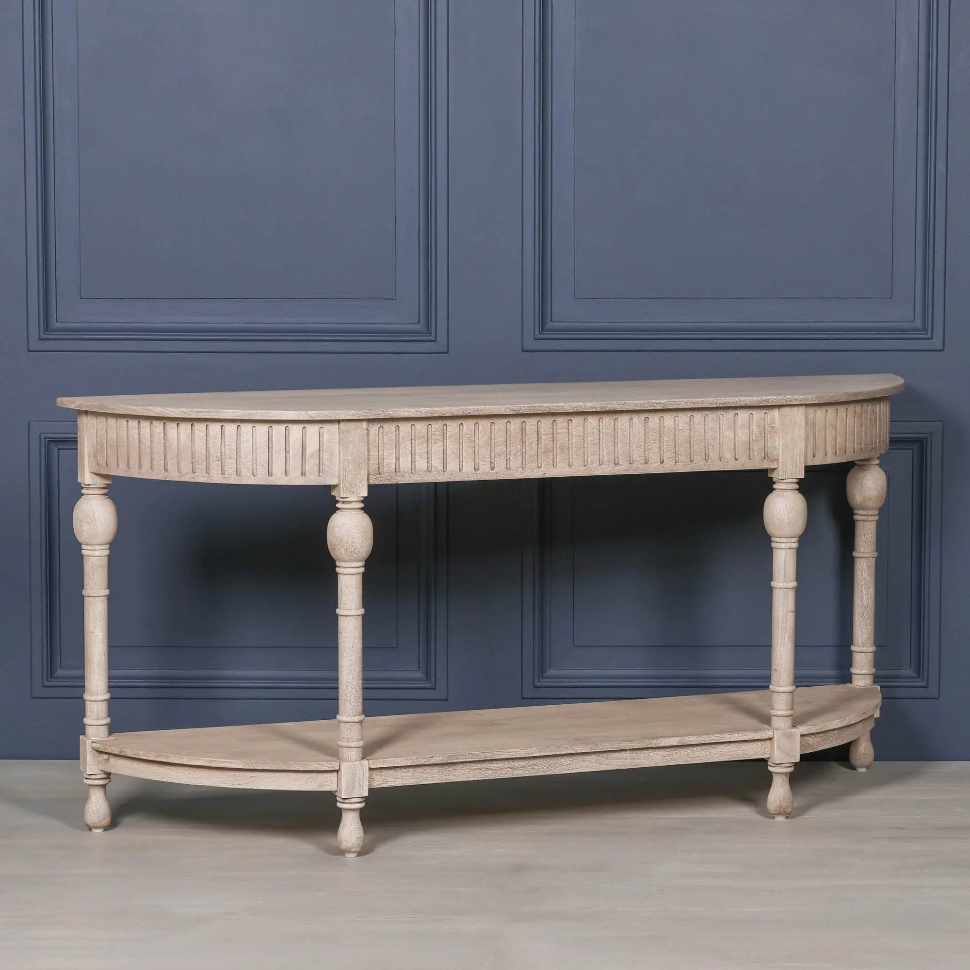 Acacia Wooden Curved Console Table with Lower Shelf   Nicholas John Interiors