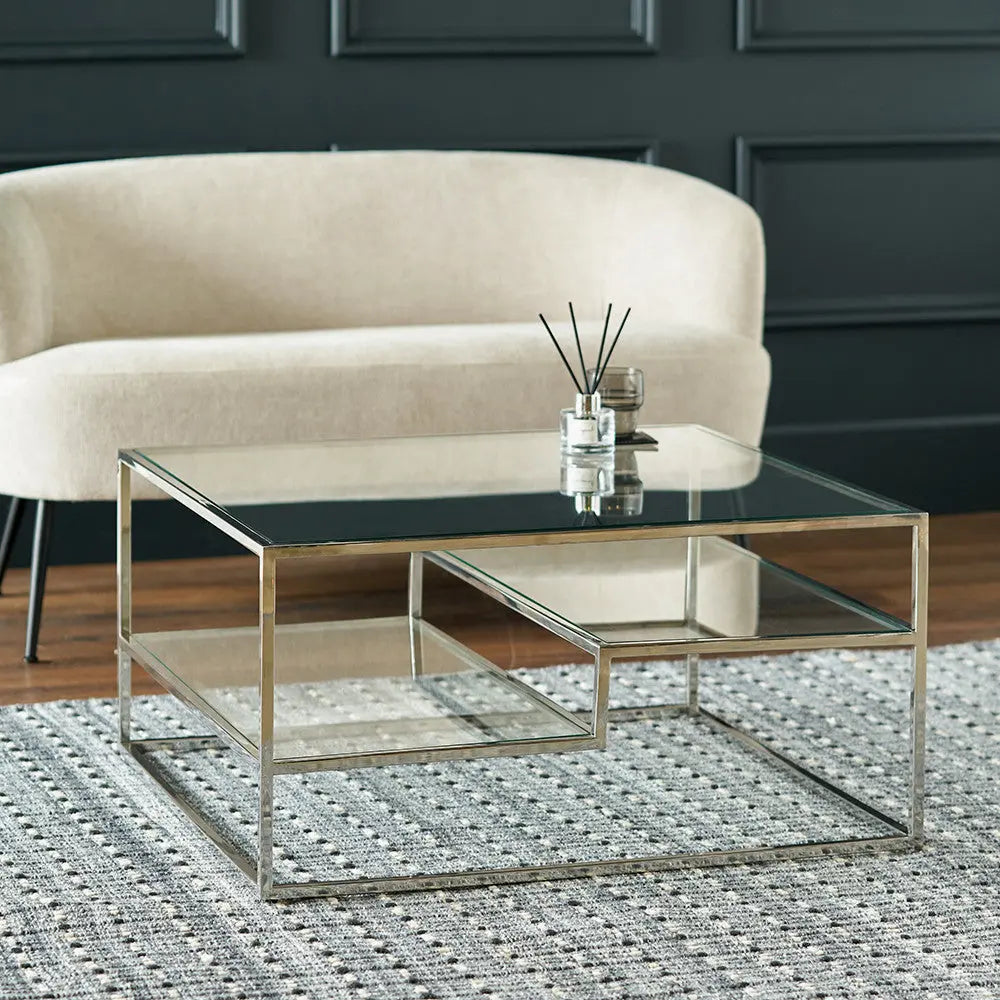 Aleandra Clear Glass and Silver Metal Coffee Table   Nicholas John Interiors