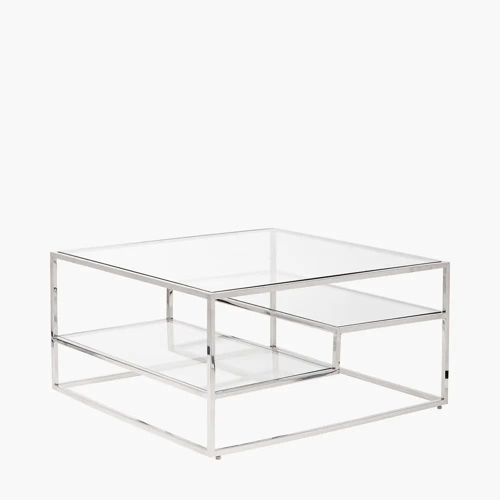 Aleandra Clear Glass and Silver Metal Coffee Table   Nicholas John Interiors