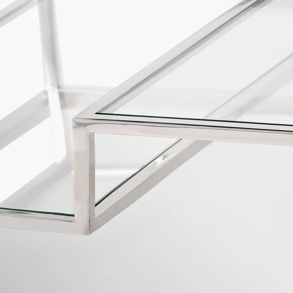 Aleandra Clear Glass and Silver Metal Coffee Table   Nicholas John Interiors