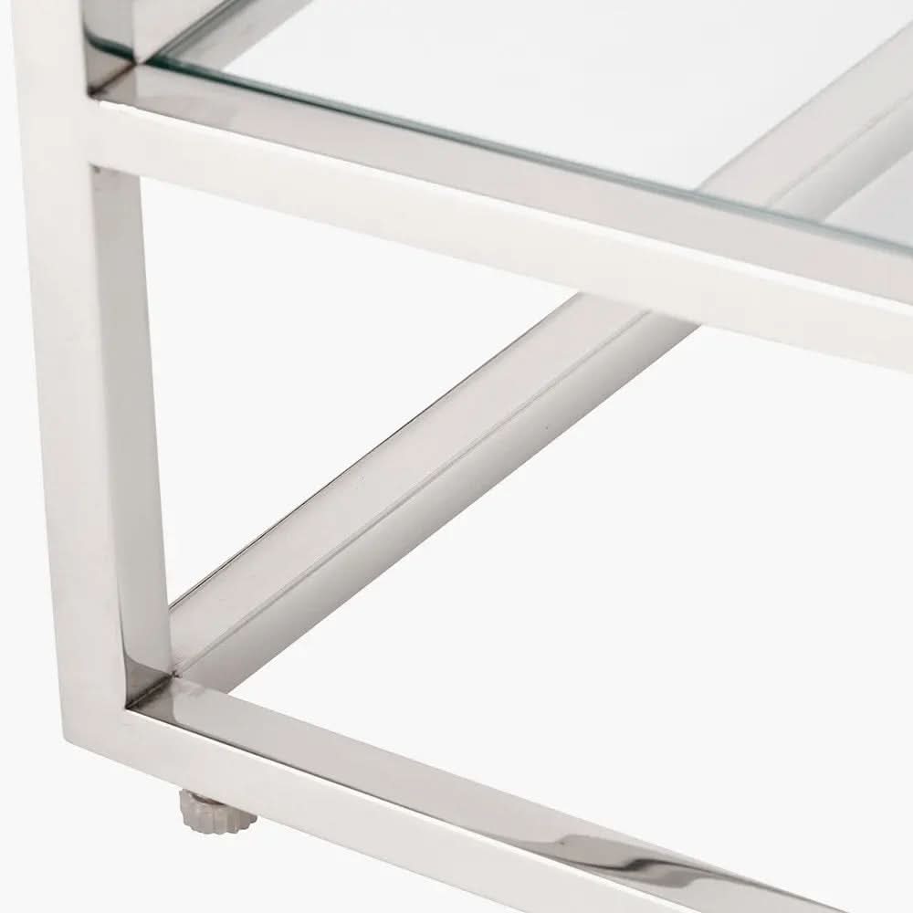 Aleandra Clear Glass and Silver Metal Coffee Table   Nicholas John Interiors