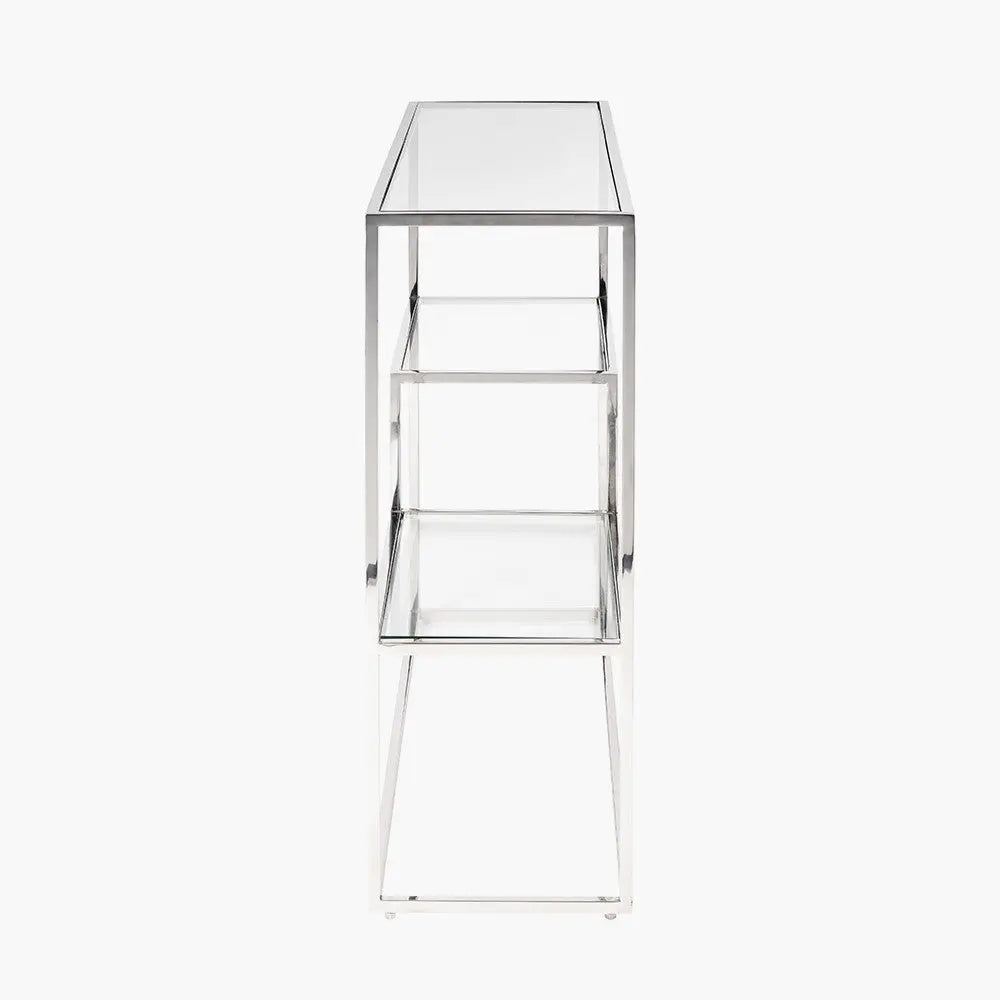 Aleandra Clear Glass and Silver Metal Console Table  Nicholas John Interiors