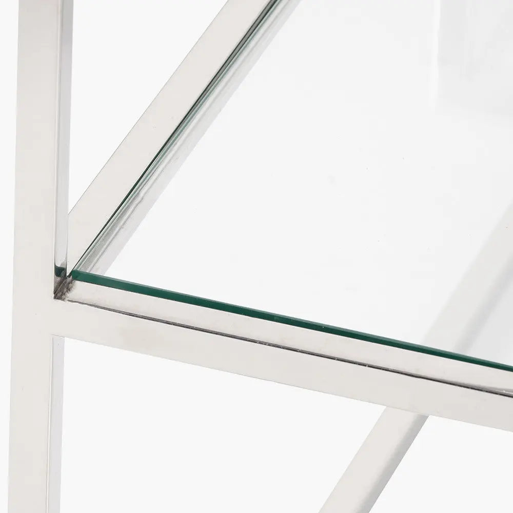 Aleandra Clear Glass and Silver Metal Console Table  Nicholas John Interiors