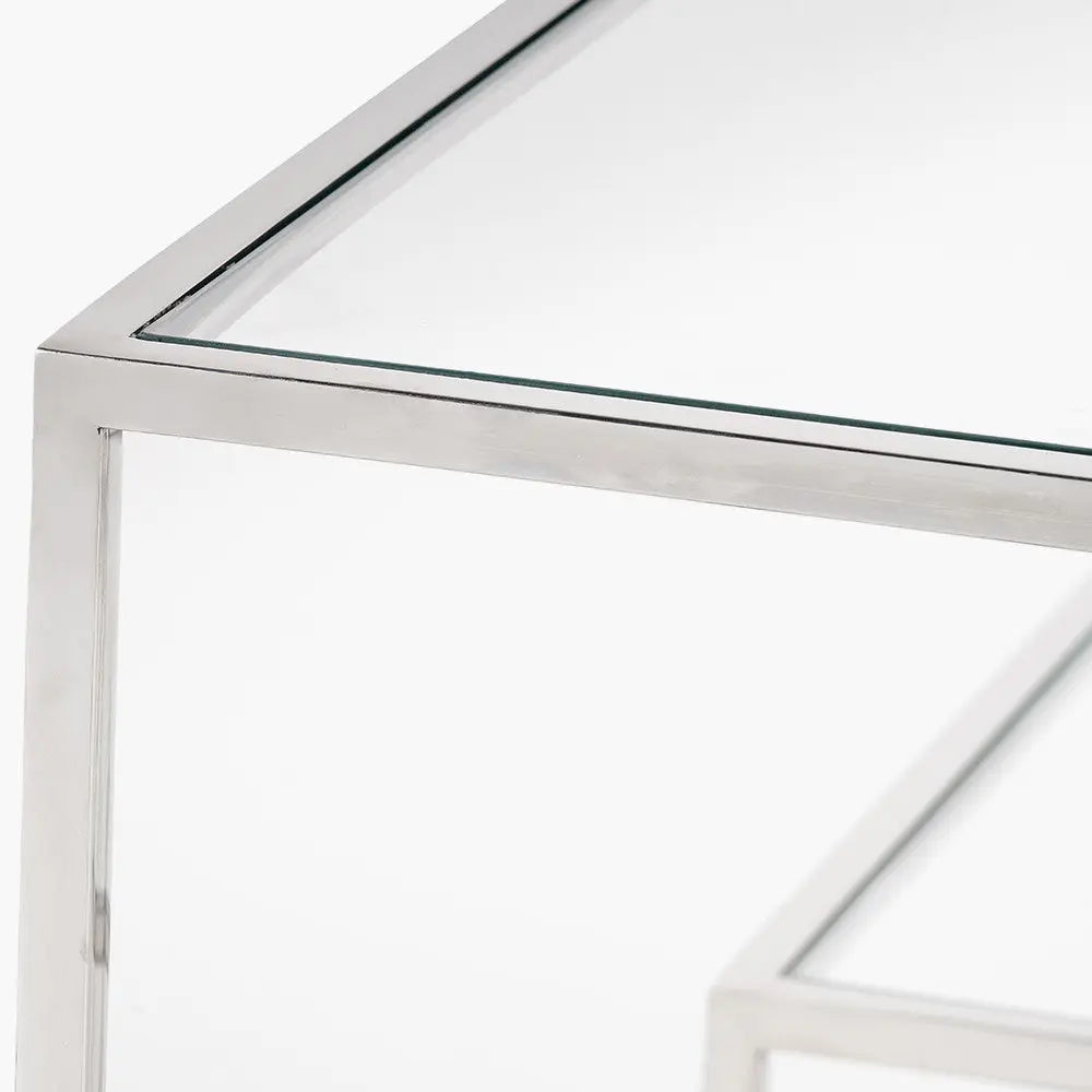 Aleandra Clear Glass and Silver Metal Console Table  Nicholas John Interiors