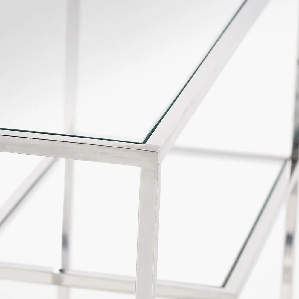 Aleandra Clear Glass and Silver Metal Console Table  Nicholas John Interiors