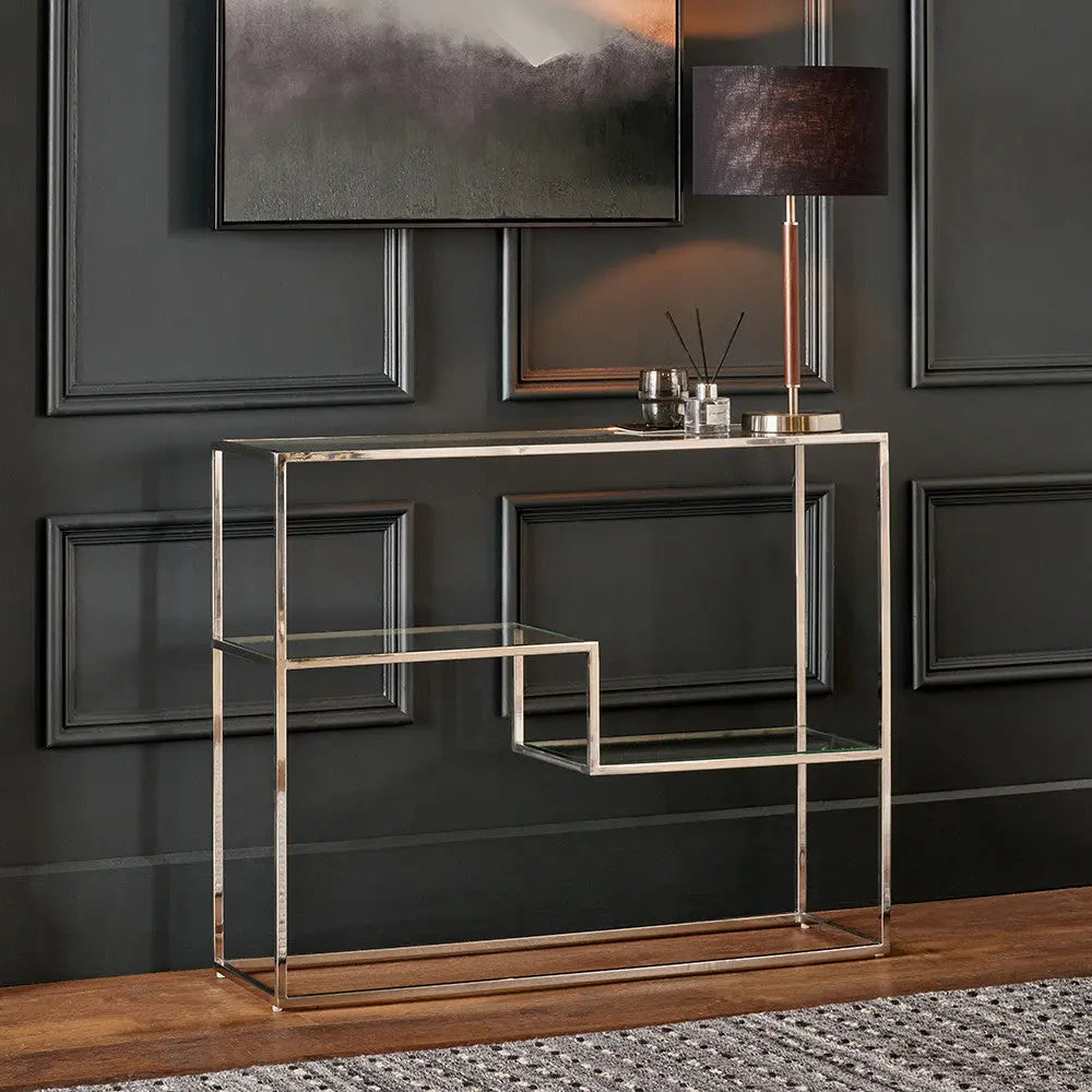 Aleandra Clear Glass and Silver Metal Console Table  Nicholas John Interiors