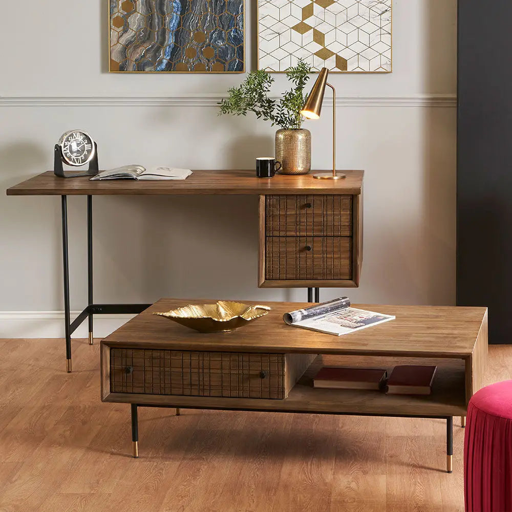 Arte Dark Brown Acacia Wood and Black Metal 2 Drawer Coffee Table  Nicholas John Interiors