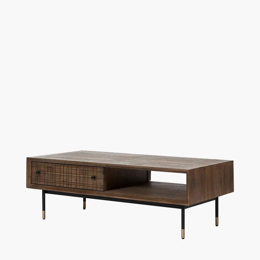 Arte Dark Brown Acacia Wood and Black Metal 2 Drawer Coffee Table  Nicholas John Interiors