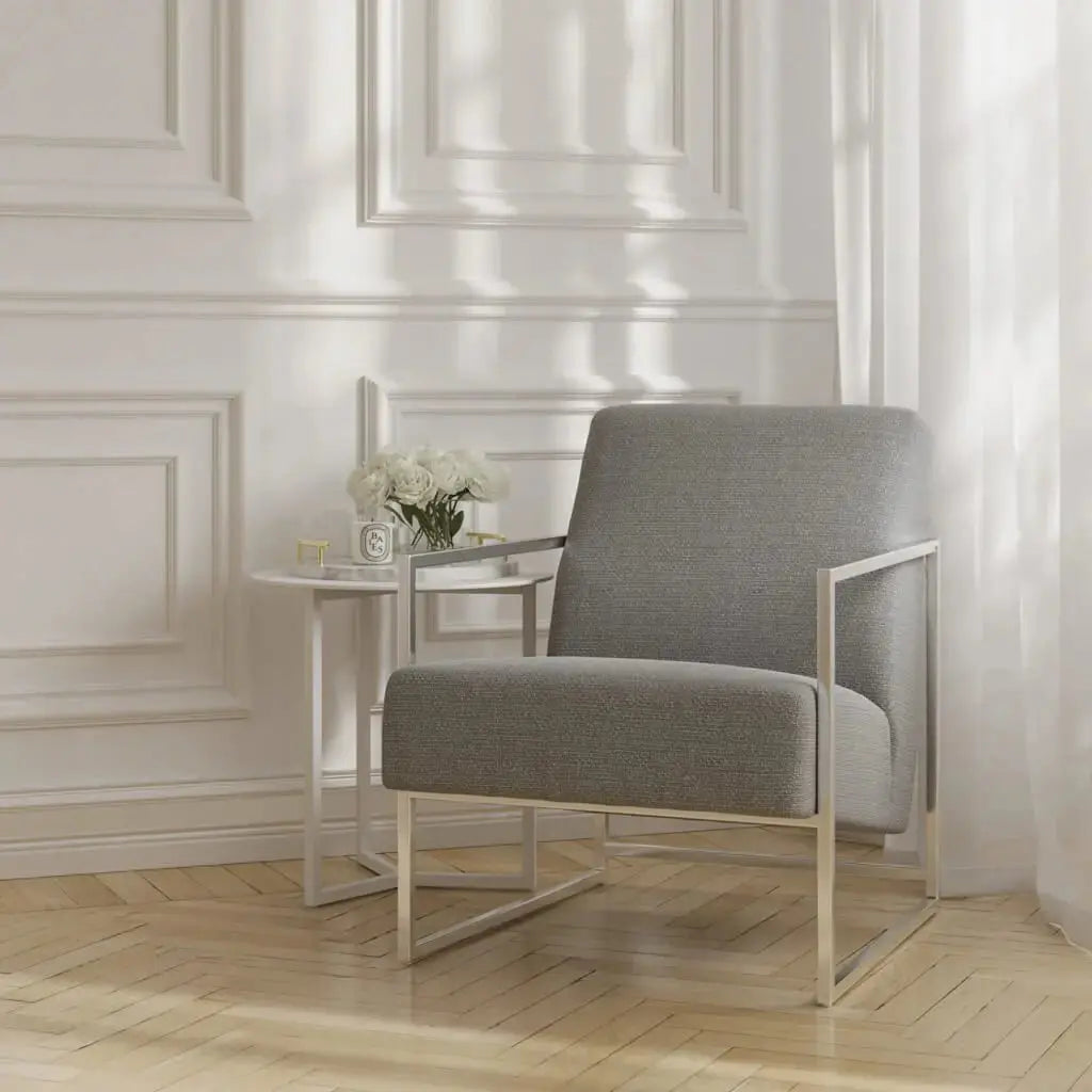 Ashford & Grey Ritz Dove Grey Accent Chair – Silver Frame Lounge Seat   Nicholas John Interiors