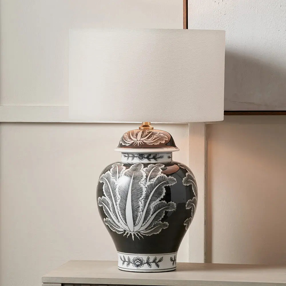 Asteria Black and White Feather Ceramic Urn Table Lamp Base   Nicholas John Interiors