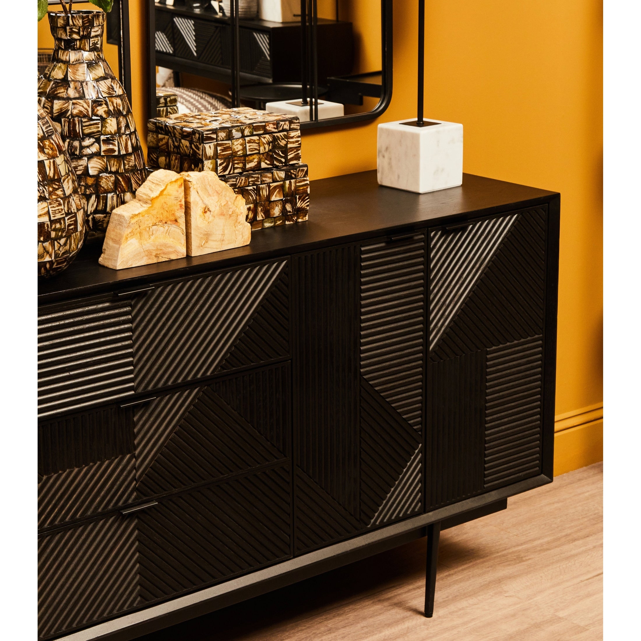 Azara Black Finish Sideboard with 4 Doors and 3 Drawers  Nicholas John Interiors