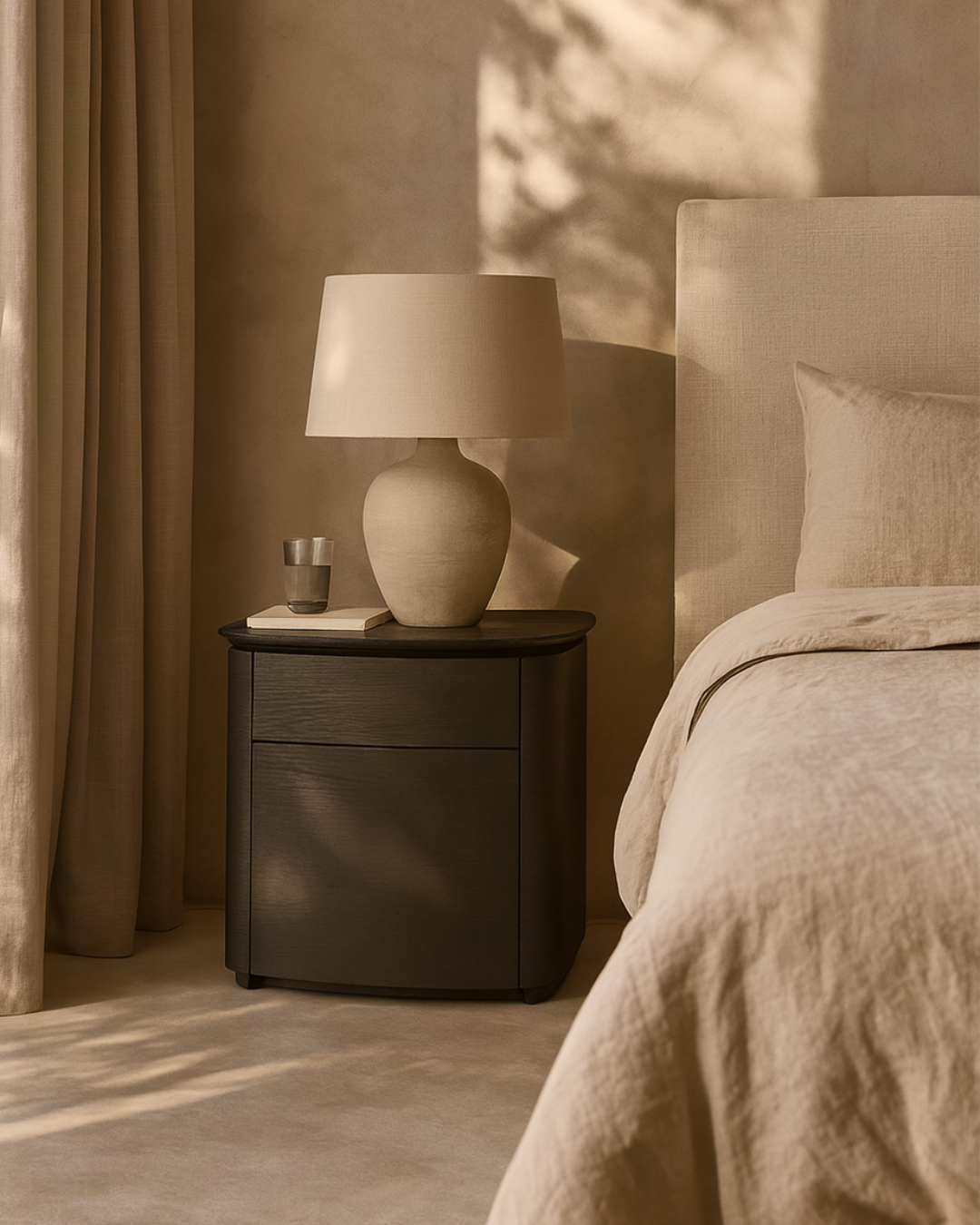 Tommy Franks Blade Bedside Table - Smoke Oak   Nicholas John Interiors