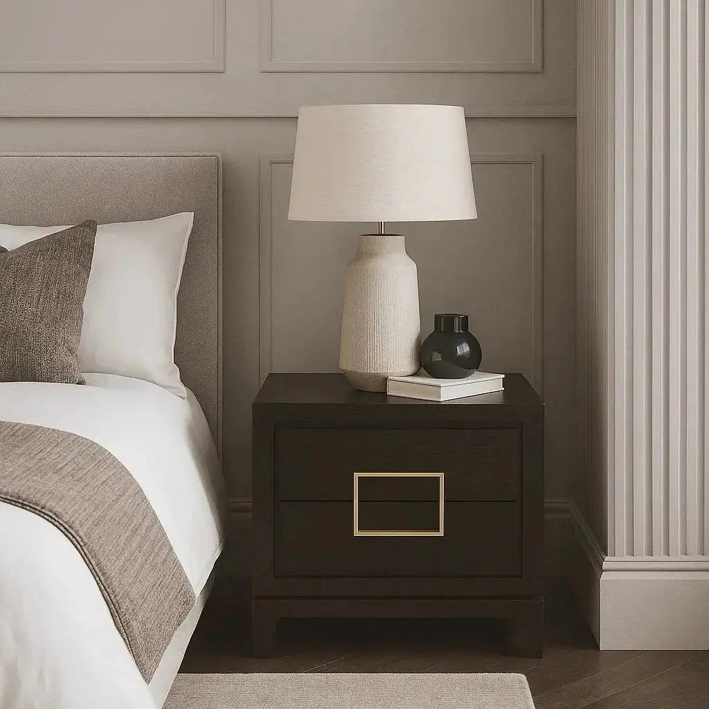 Berkeley Designs Lucca Bedside Table – Brown Oak Veneer with Gold Handles   Nicholas John Interiors