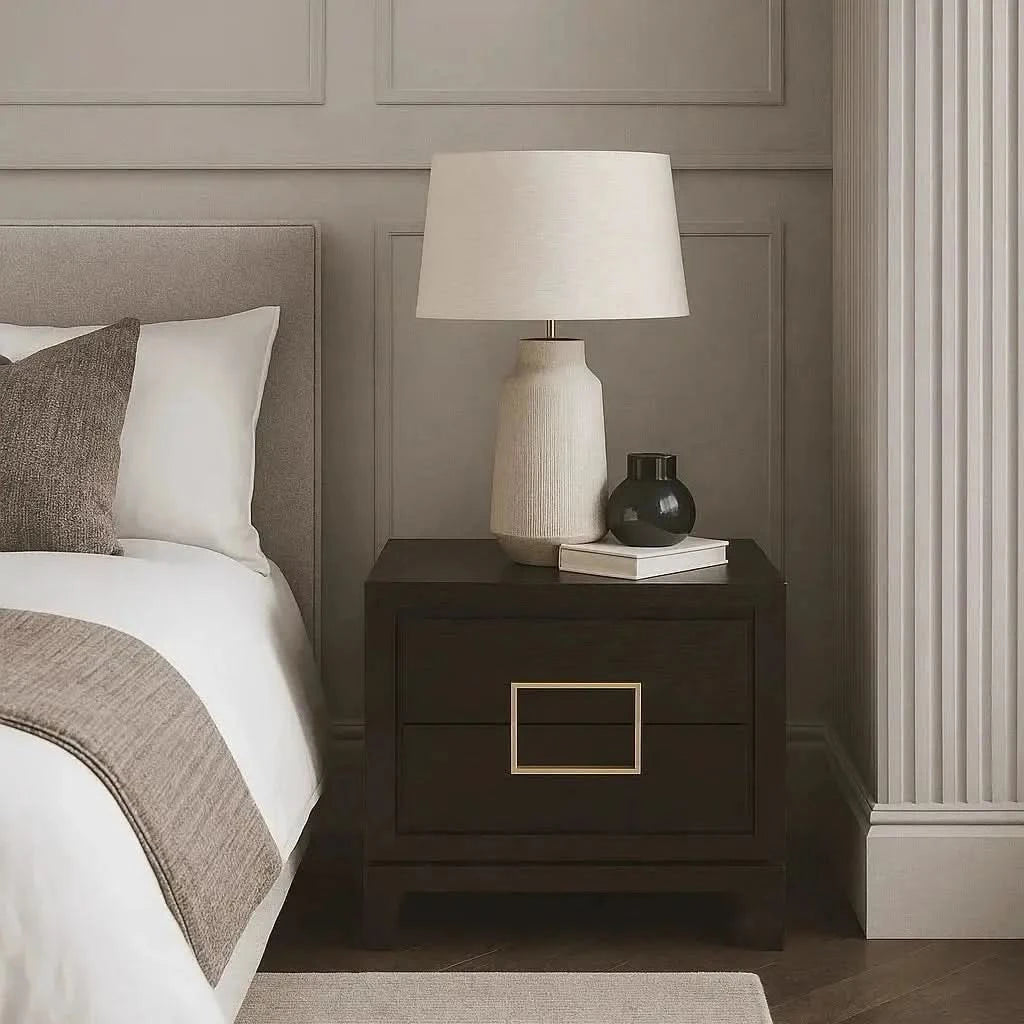 Berkeley Designs Lucca Bedside Table – Brown Oak Veneer with Gold Handles   Nicholas John Interiors