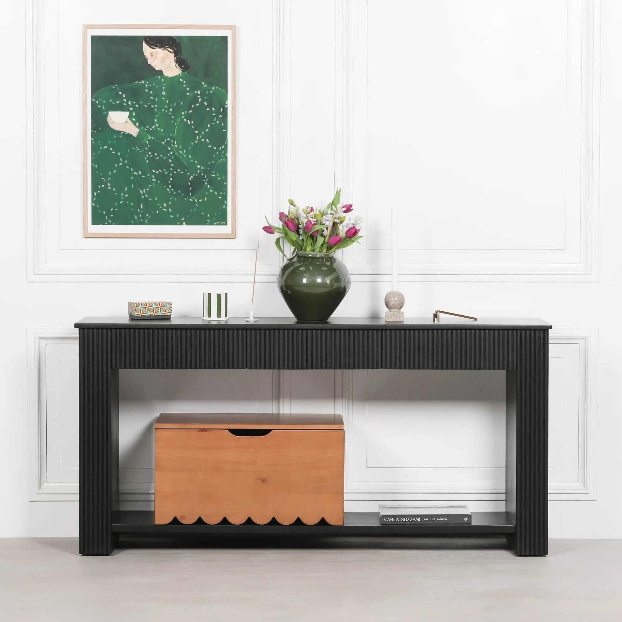 Black Painted Acacia Fluted Console Table   Nicholas John Interiors