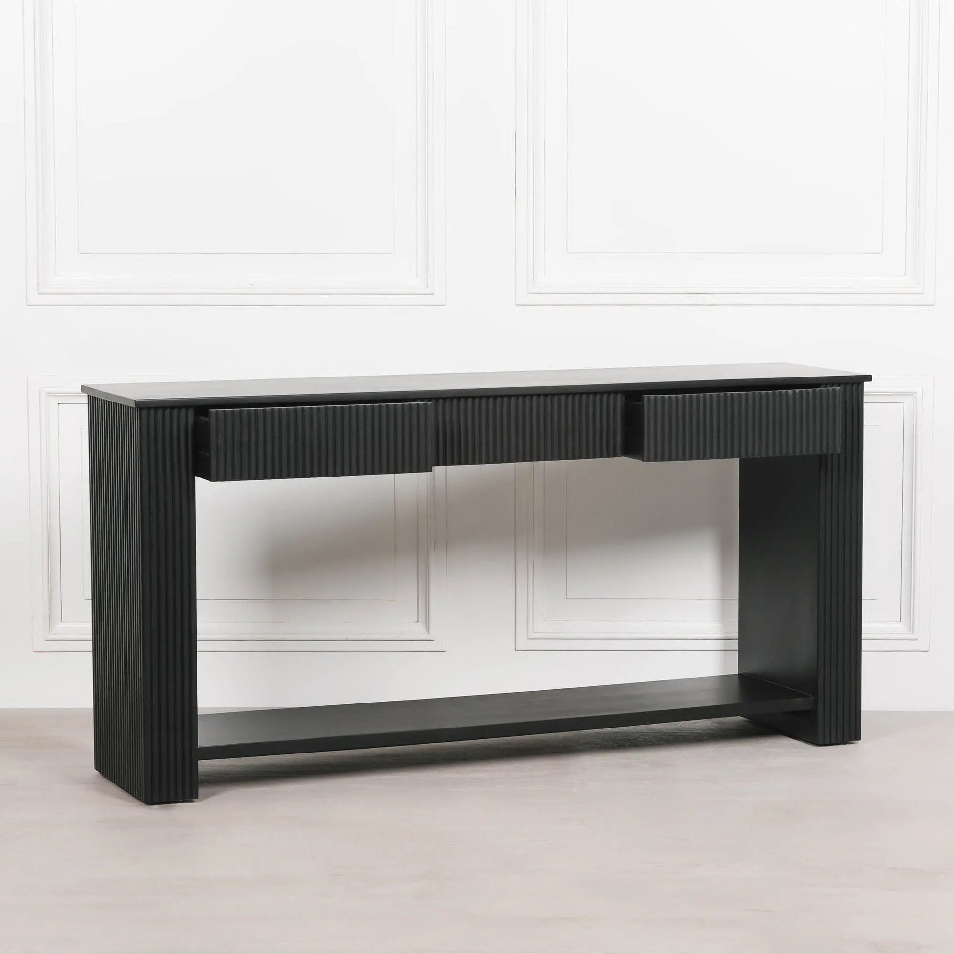 Black Painted Acacia Fluted Console Table   Nicholas John Interiors