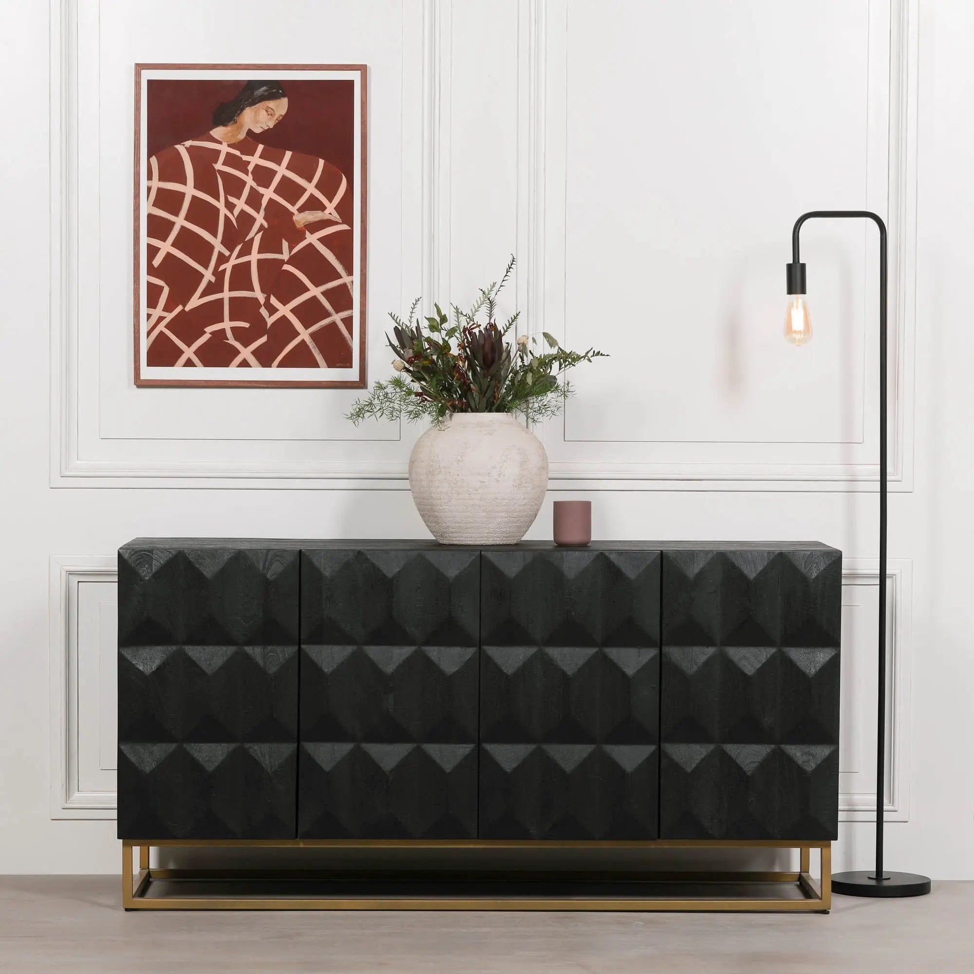 Black Wooden Diamond Pattern Sideboard   Nicholas John Interiors