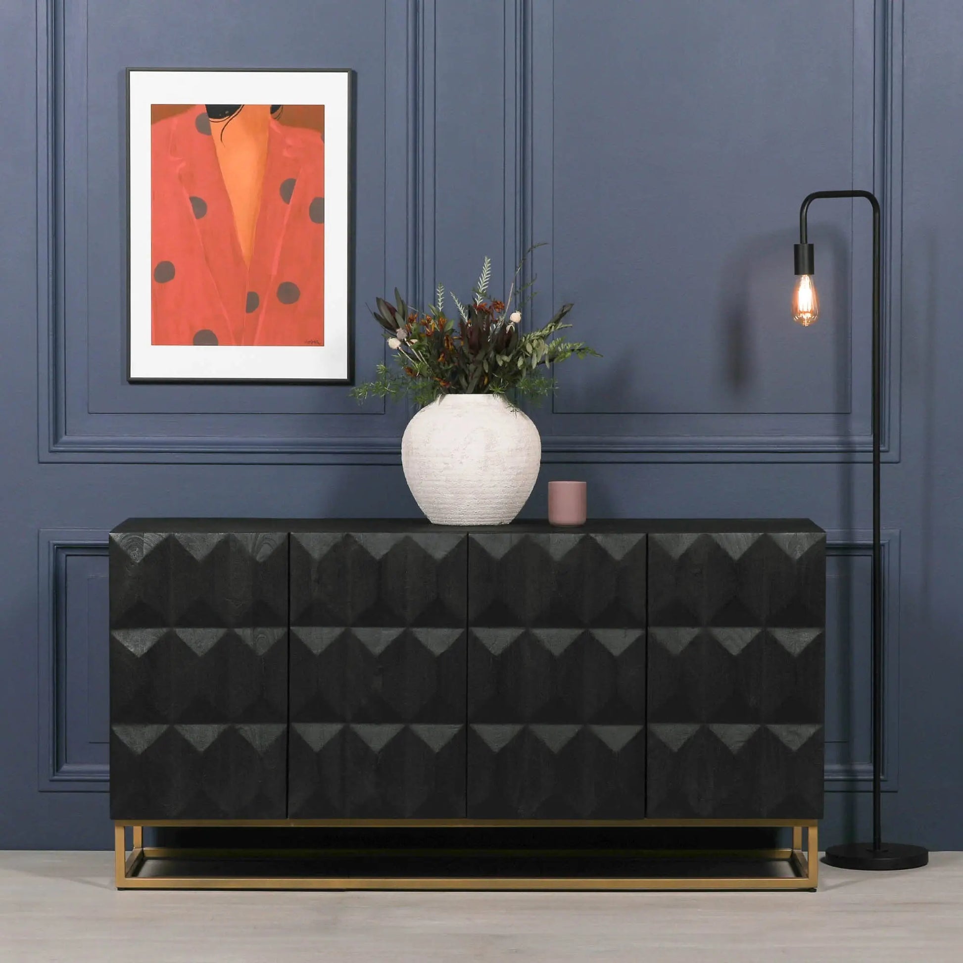 Black Wooden Diamond Pattern Sideboard   Nicholas John Interiors