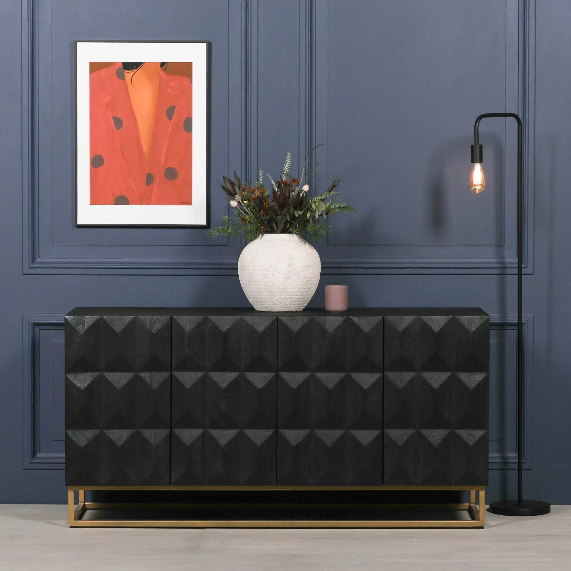 Black Wooden Diamond Pattern Sideboard   Nicholas John Interiors